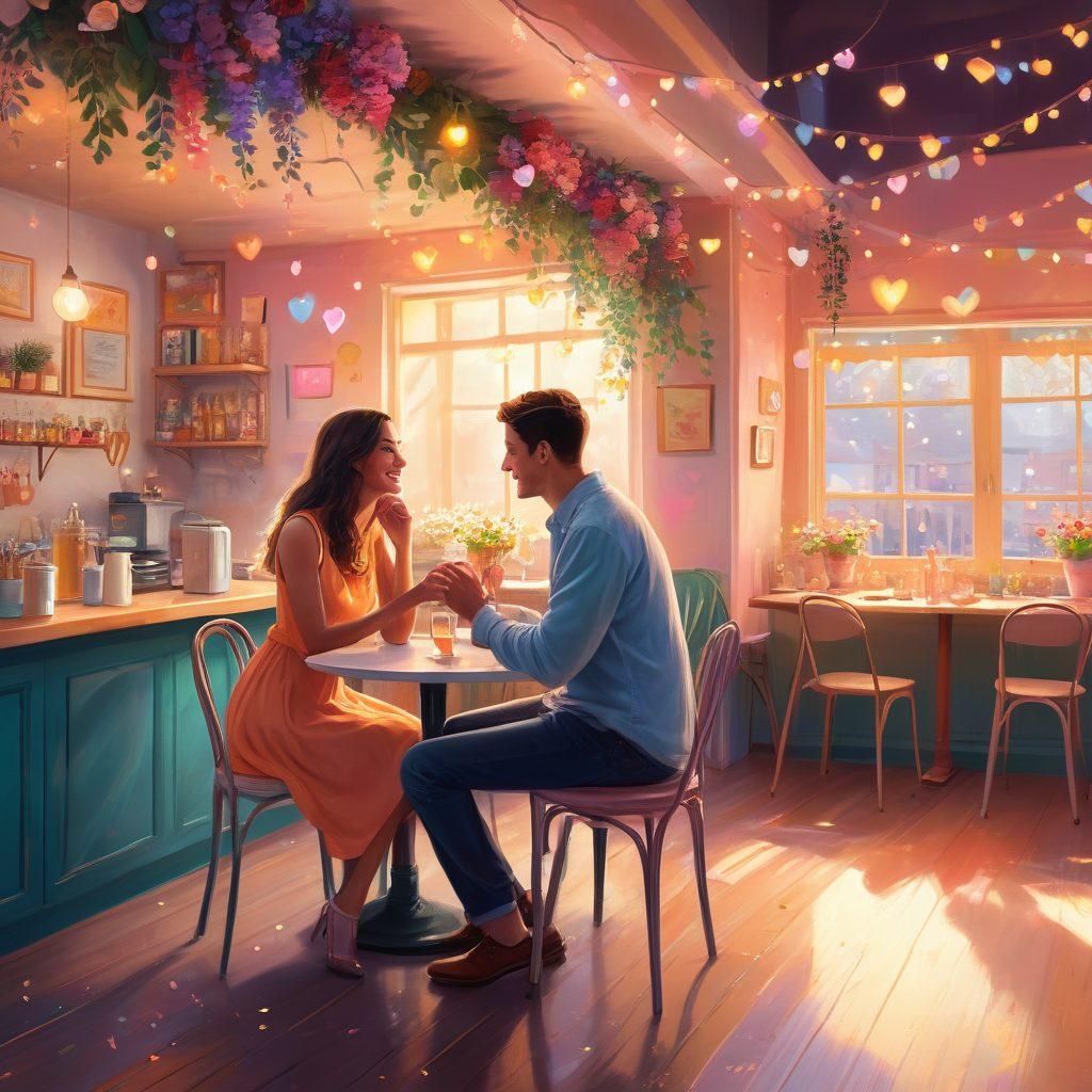 A lively café scene with a couple engaged in playful conversation, surrounding them are soft pastel hearts floating in the air, symbolizing flirtation. Include a warm ambiance with twinkling lights and subtle romantic elements like a small bouquet of flowers on the table. Capture their joyful expressions and heartfelt connection. vibrant colors. cozy atmosphere. digital painting.