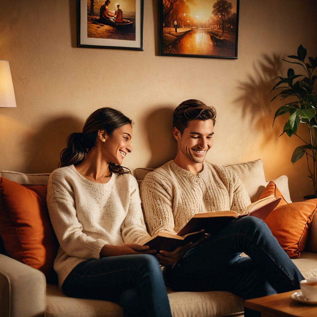 A warm, inviting scene depicting a couple sitting on a cozy sofa, sharing a laugh while holding hands, surrounded by soft, ambient lighting and romantic decor. Include elements like a cup of steaming tea and an open book on a coffee table, symbolizing intimacy and connection. The background should feel intimate yet vibrant, suggesting a safe space for love and communication. super-realistic. warm colors. soft focus.