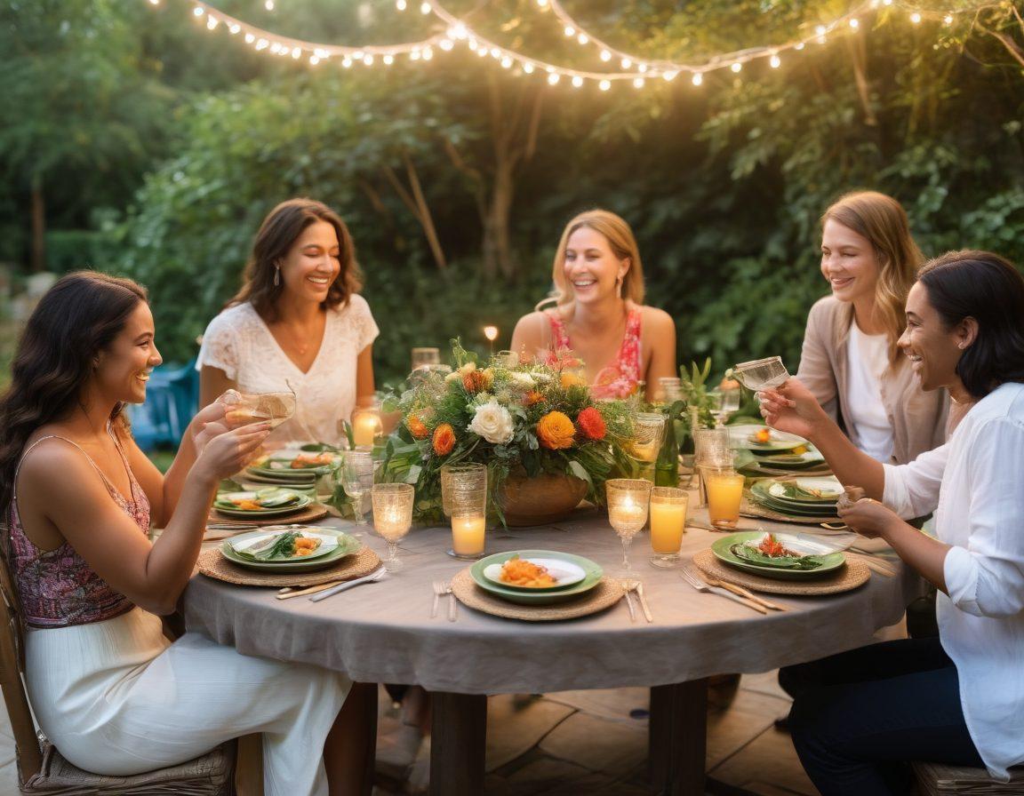 A cozy scene of diverse friends joyfully sharing a meal at a beautifully set table outdoors, surrounded by lush greenery and soft twinkling lights. Capture their laughter and heartfelt conversations, with warm, inviting colors and an atmosphere of connection. Enhance with details like shared dishes and personal touches such as handwritten notes and floral centerpieces. Vibrant colors. Super-realistic.